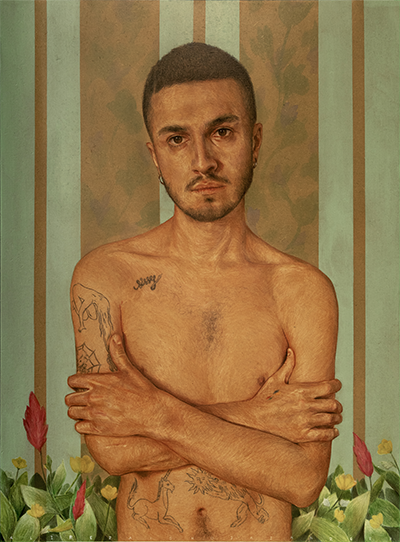 Clément - Blossom at the mention of your name 2023, Acrylic & Color Pencil on Wood 80 x 60 Cm