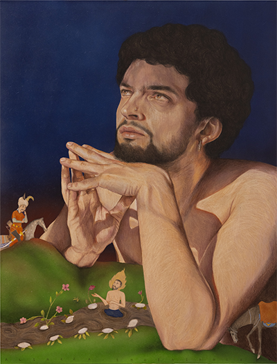 Elyas - Le Démon Blanc et l'Arbre en Feu 2024, Acrylic and Color Pencil on Wood 80 x 60 cm