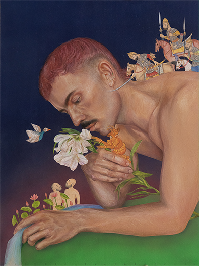 Valentin - Le Démon Blanc et l'Arbre en Feu 2024 Acrylic and Color Pencil on Wood 80 x 60 cm