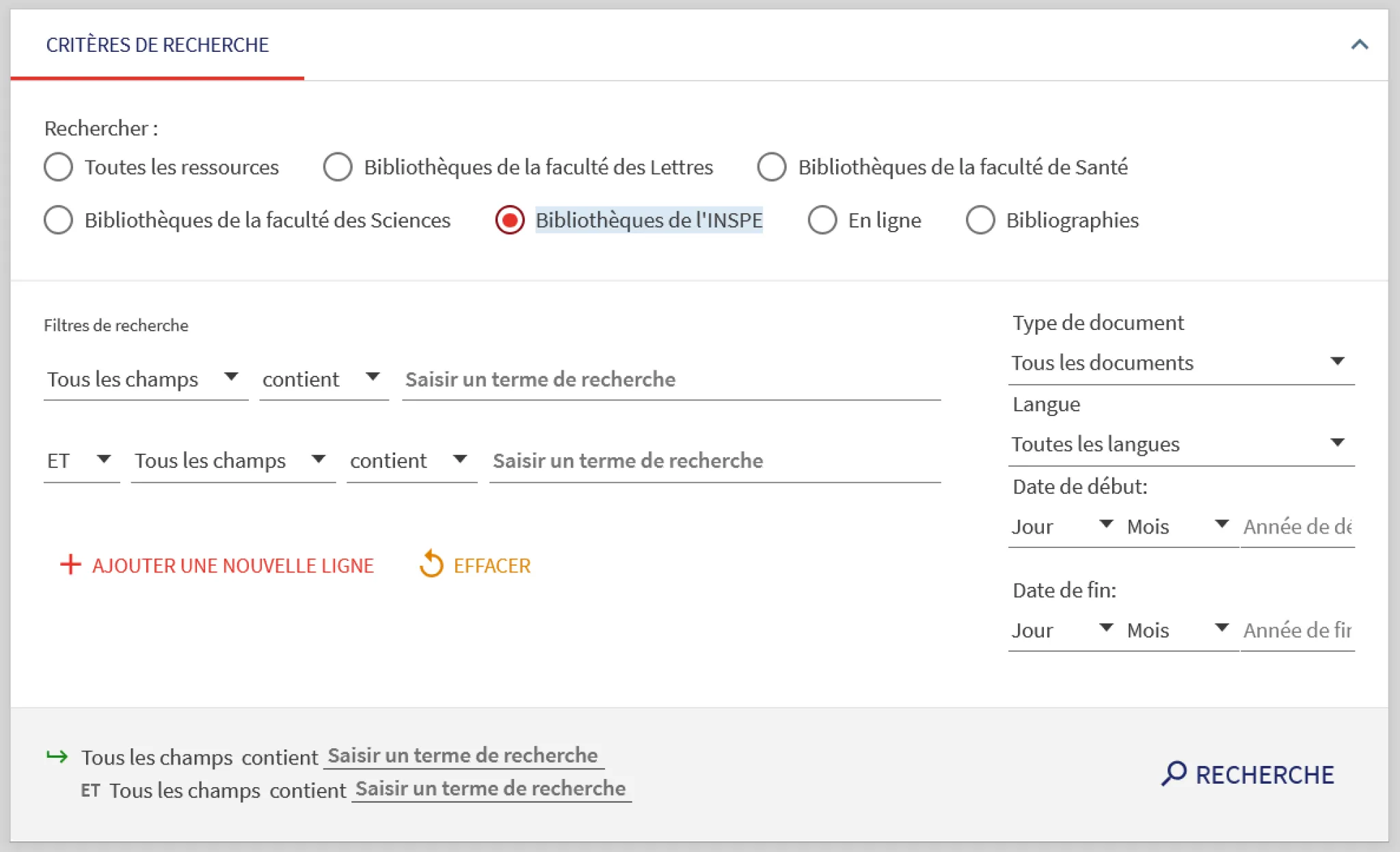 choisir le critère de recherche "bibliothèques de l'INSPE"